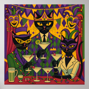 Retro-futuristische Mardi-Gras-Black-Cat-Martini-C Poster