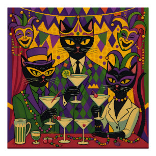 Retro-futuristische Mardi-Gras-Black-Cat-Martini-C Poster