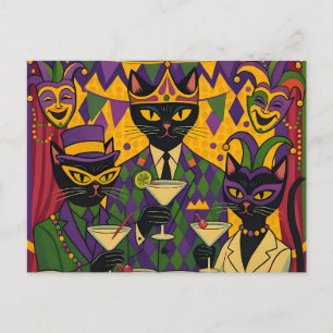 Retro Futuristische Mardi Gras Black Cat Martini C Postkarte