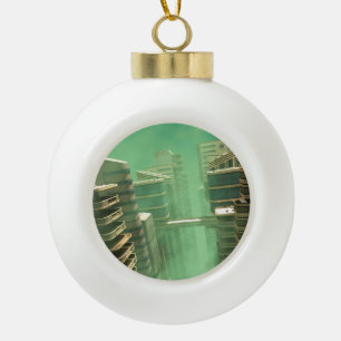 Retro-futuristische Megacity-Skyline Keramik Kugel-Ornament