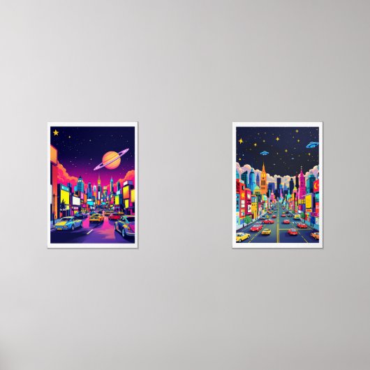 Retro Futuristische Stadtansicht in der Zukunft Bilderwand Sets (Vorderseite)
