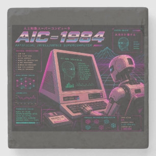 Retro-futuristischer AI-Roboter-Computer-Vaporwave Steinuntersetzer
