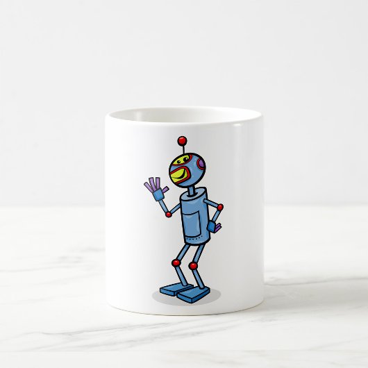 Retro-futuristischer Roboter-Charakter winkend Kaffeetasse