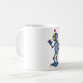 Retro-futuristischer Roboter-Charakter winkend Kaffeetasse (Vorderseite Links)