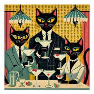 Retro-futuristischer Schwarze-Katze-Martini-Club Poster