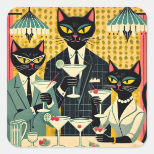 Retro-futuristischer Schwarze-Katze-Martini-Club Quadratischer Aufkleber
