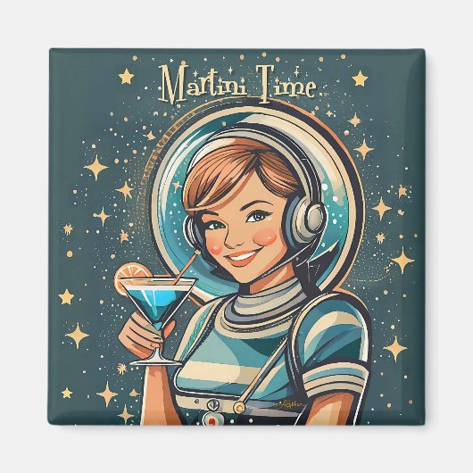 Retro-futuristisches Astro-Mädchen Martini-Zeit Magnet (Vorne)