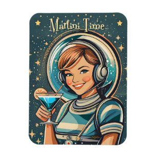 Retro-futuristisches Astro-Mädchen Martini-Zeit Magnet