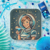 Retro Futuristisches Astro Mädchen Martini Zeit Pappteller (Party)
