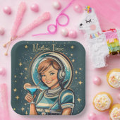 Retro Futuristisches Astro Mädchen Martini Zeit Pappteller (Party)