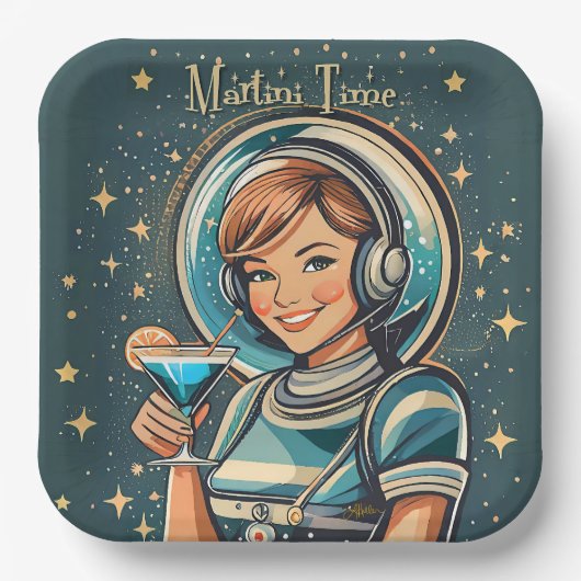 Retro Futuristisches Astro Mädchen Martini Zeit Pappteller (Vorderseite)