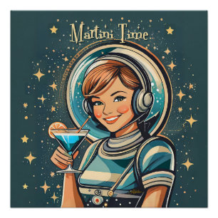 Retro-futuristisches Astro-Mädchen Martini-Zeit Poster
