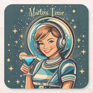 Retro Futuristisches Astro Mädchen Martini Zeit Rechteckiger Pappuntersetzer