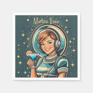 Retro Futuristisches Astro Mädchen Martini Zeit Serviette