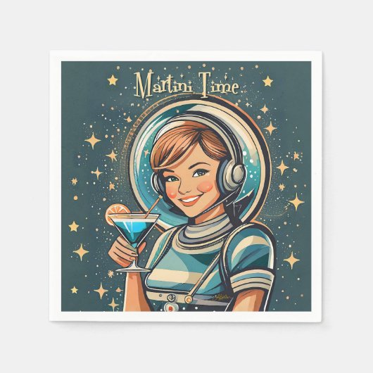 Retro Futuristisches Astro Mädchen Martini Zeit Serviette (Vorderseite)