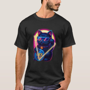 Retro-futuristisches Glückskatze hält Münze und Fi T-Shirt