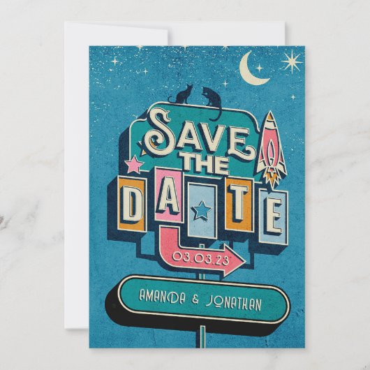 Retro-futuristisches Hochzeitsschild Save The Date (Vorderseite)