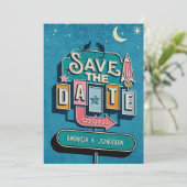 Retro-futuristisches Hochzeitsschild Save The Date (Stehend Vorderseite)