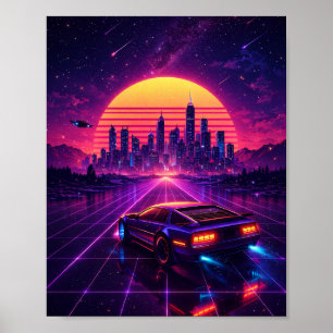Retro Futuristisches Neon Stadt Auto Poster
