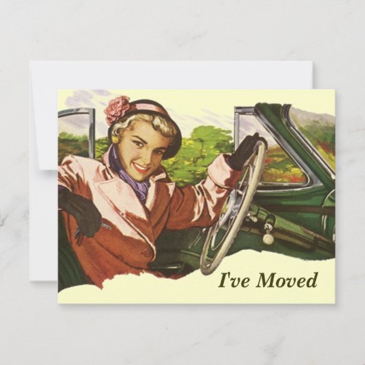 Retro Gal in Auto Ich habe Bewegung Ankündigung (Vorderseite)