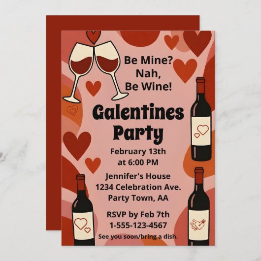 Retro Galentine Be Wine Fun Party Personalized Einladung (Vorne/Hinten)