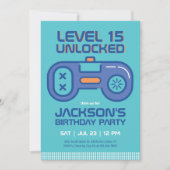 Retro Gamer Boy Aquamarin Blue Video Games Geburts Einladung (Vorderseite)