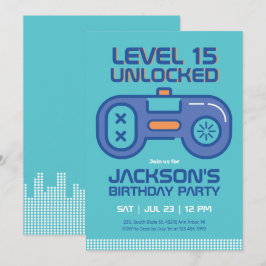 Retro Gamer Boy Aquamarin Blue Video Games Geburts Einladung