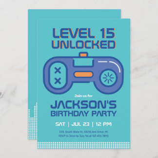 Retro Gamer Boy Aquamarin Blue Video Games Geburts Einladung