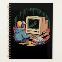 Retro Gamer Kid auf Vintagen Computer Pixel Art Planer