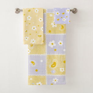 Retro-Gänseblümchen-Blumenmuster Gelb und Lila  Badhandtuch Set