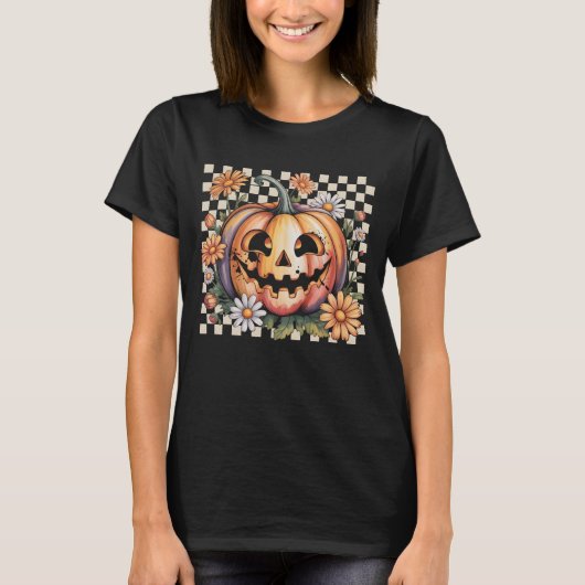 Retro Gänseblümchen Kürbisjack-o-lantern Halloween T-Shirt (Vorderseite)