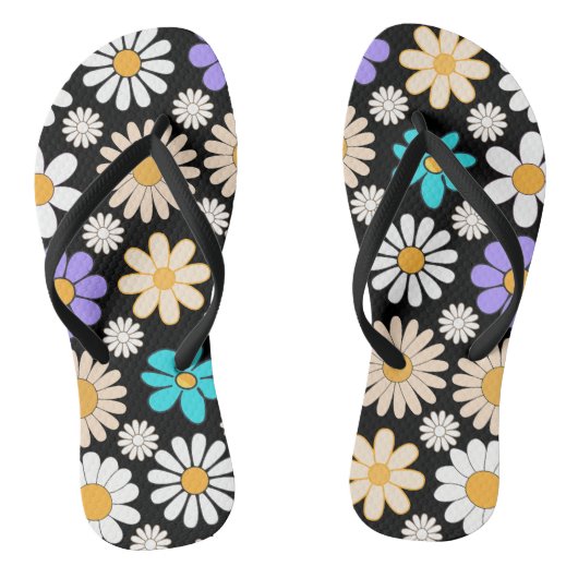 Retro-Gänseblümchen-Muster Einfach.01. Schwarzer H Badesandalen (Fußbett)