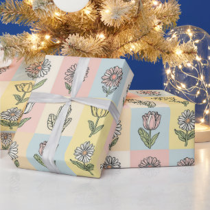 Retro Gänseblümchen Rot Pink Aqua Blau Floral Gebu Geschenkpapier