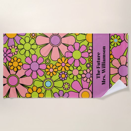 Retro Garden Blume 60er 70er Blumenmuster Bridge Strandtuch (Vorderseite)