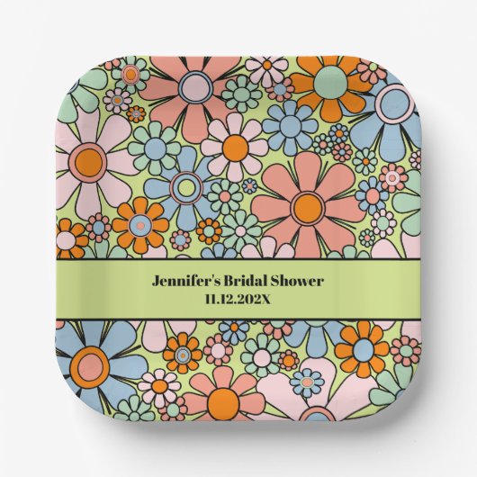 Retro Garden Blume 60er 70er Boho Blumenmuster Pappteller (Vorderseite)