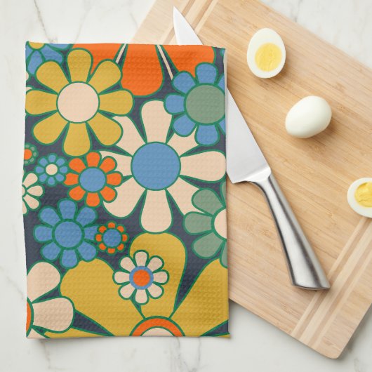 Retro Garden Blume 60er 70er Floral Muster Geschirrtuch (Viertel Falte)