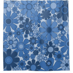 Retro Garden Blume 60er 70er Floral Pattern Blau Duschvorhang