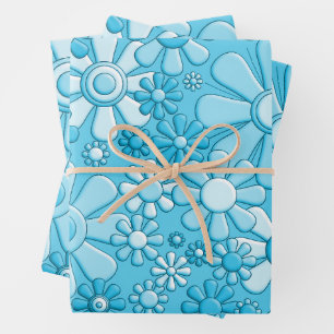 Retro Garden Blume 60er 70er Floral Pattern Blau Geschenkpapier Set