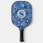 Retro Garden Blume Blaues Muster mit Initial Pickleball Schläger (Vorderseite)