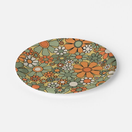Retro Garden Blume Groovy 60er 70er Floral Pattern Pappteller (Schrägansicht)