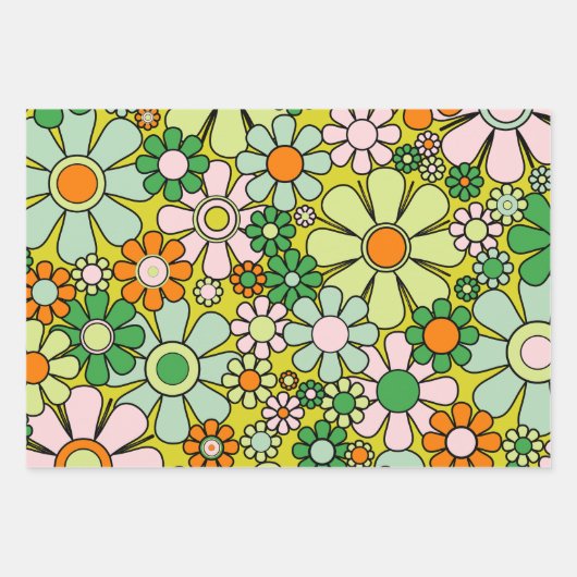 Retro Garden Blume Groovy 60er 70er Frühjahrsmuste Geschenkpapier Set (Vorderseite)