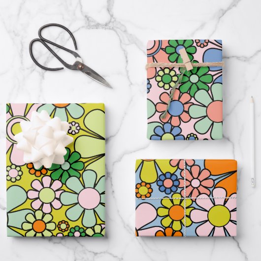 Retro Garden Blume Groovy 60er 70er Frühjahrsmuste Geschenkpapier Set (Vorderseite)