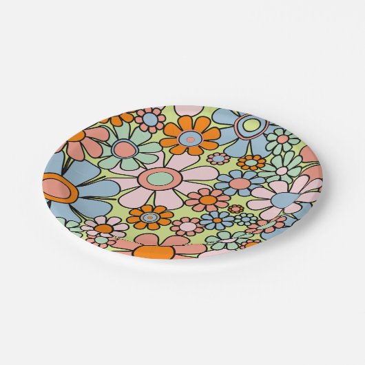 Retro Garden Blume Groovy 60er 70er Frühjahrsmuste Pappteller (Schrägansicht)