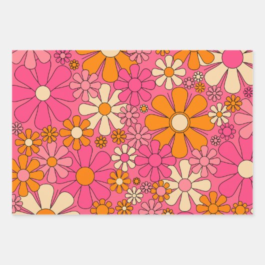 Retro Garden Blume Groovy 60er 70er Pink Floral Geschenkpapier Set (Vorderseite 3)