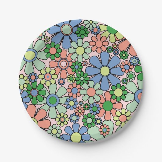 Retro Garden Blume Groovy 60er 70er Spring Floral Pappteller (Vorderseite)