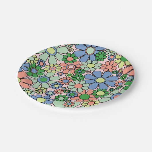 Retro Garden Blume Groovy 60er 70er Spring Floral Pappteller (Schrägansicht)