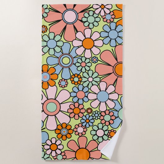 Retro Garden Blume Groovy 60er 70er Spring Pastel Strandtuch (Vorderseite)