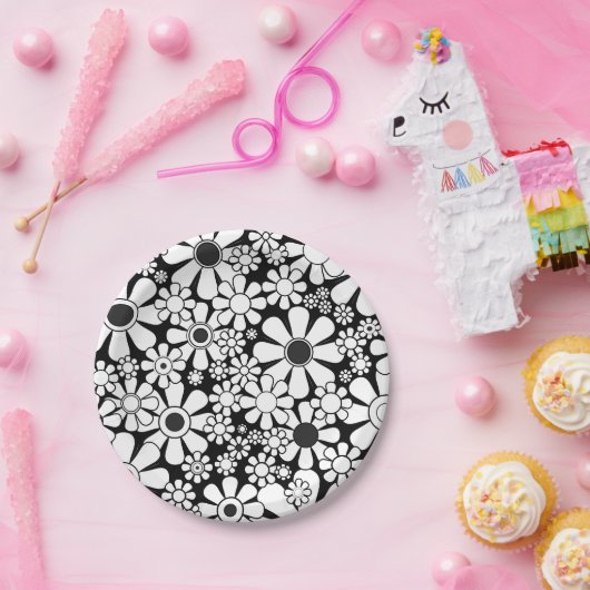 Retro Garden Blume Schwarz/Weiß Pappteller (Party)
