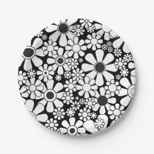 Retro Garden Blume Schwarz/Weiß Pappteller