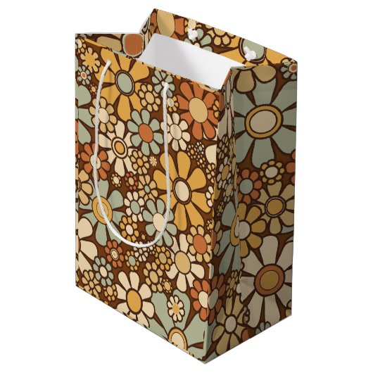 Retro Garden Chunky Blume 60er 70er Floral Pattern Mittlere Geschenktüte (Rückseite Schrägansicht)